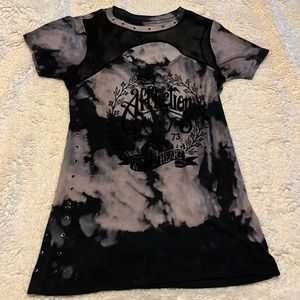 Black-Gray Affliction Tshirt with peep hole cut out. Black sparkle. Size M